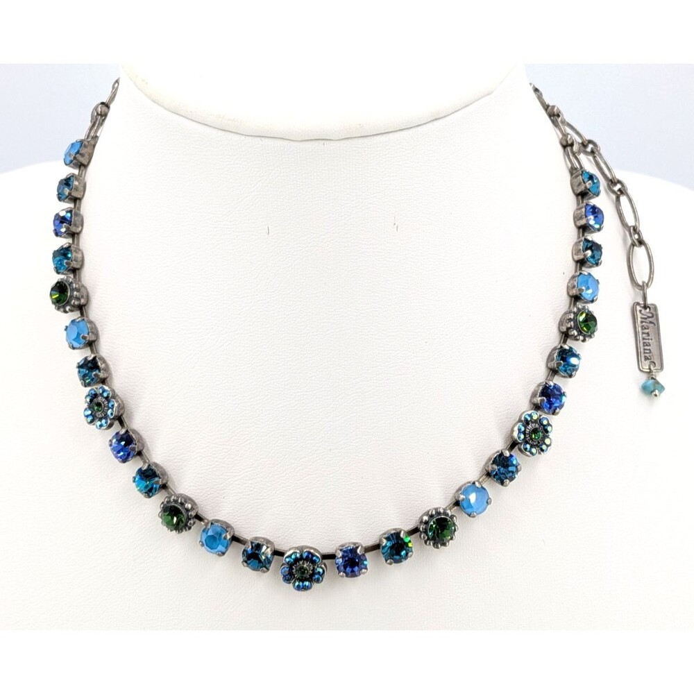 Mariana Signed Swarovski Crystal Blue Green Floral Choker Necklace Silver Tone